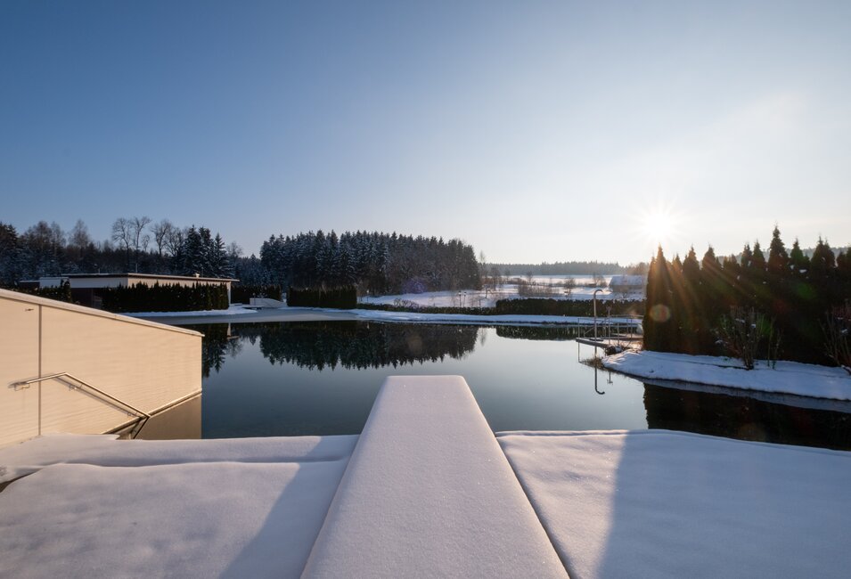 Mit Schnee bedeckter Badesteg der Geinberg5 Private Spa Villas zum Naturbadeteich | © Spa Resort Geinberg / Chris Perkles