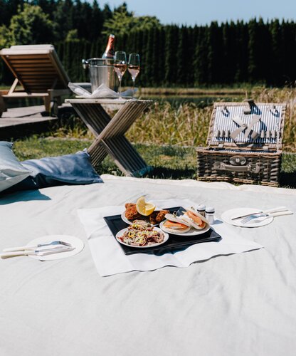 Picknickdecke mit Speisen, Picknickkorb, Sektkübel und Liegestuhl am Seeufer