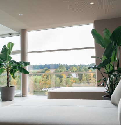 Helle Lounge mit Pflanzen und Herbstlandschaftsblick im Liegebereich des SPAplus | © Spa Resort Geinberg / Tobi Gast