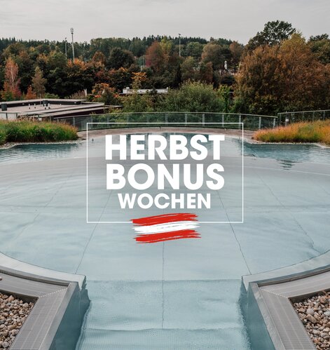 Leeres Thermalbad-Außenbecken umgeben von Herbstlaubbäumen